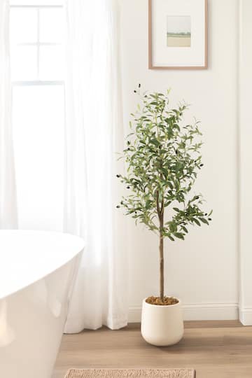 Kate and Laurel 5ft. Oliveira Faux Olive Tree with Jia Curved Cream Planter